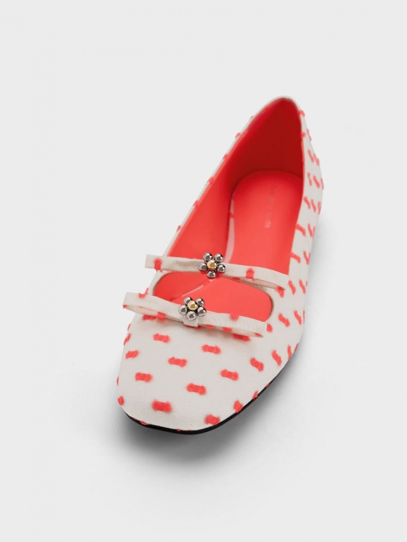 Charles And Keith Floral Beaded Printed Bow Ballet Flats Coral | PHILIPPINES D542