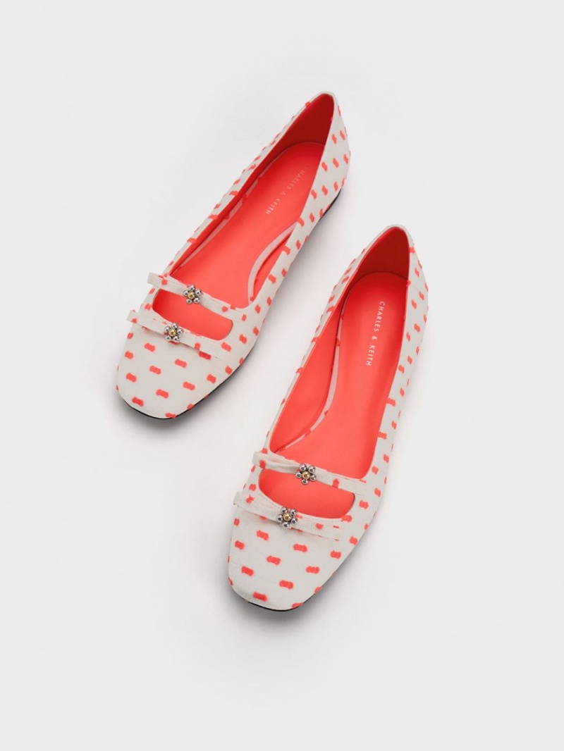 Charles And Keith Floral Beaded Printed Bow Ballet Flats Coral | PHILIPPINES D542