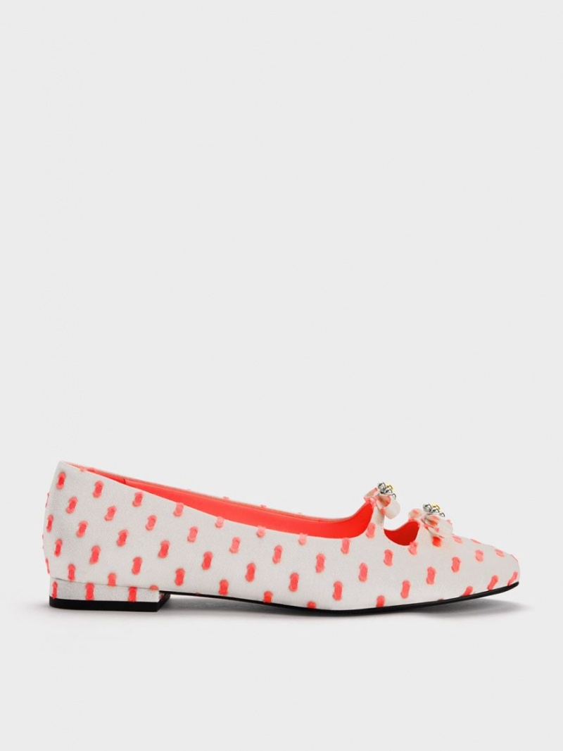 Charles And Keith Floral Beaded Printed Bow Ballet Flats Coral | PHILIPPINES D542