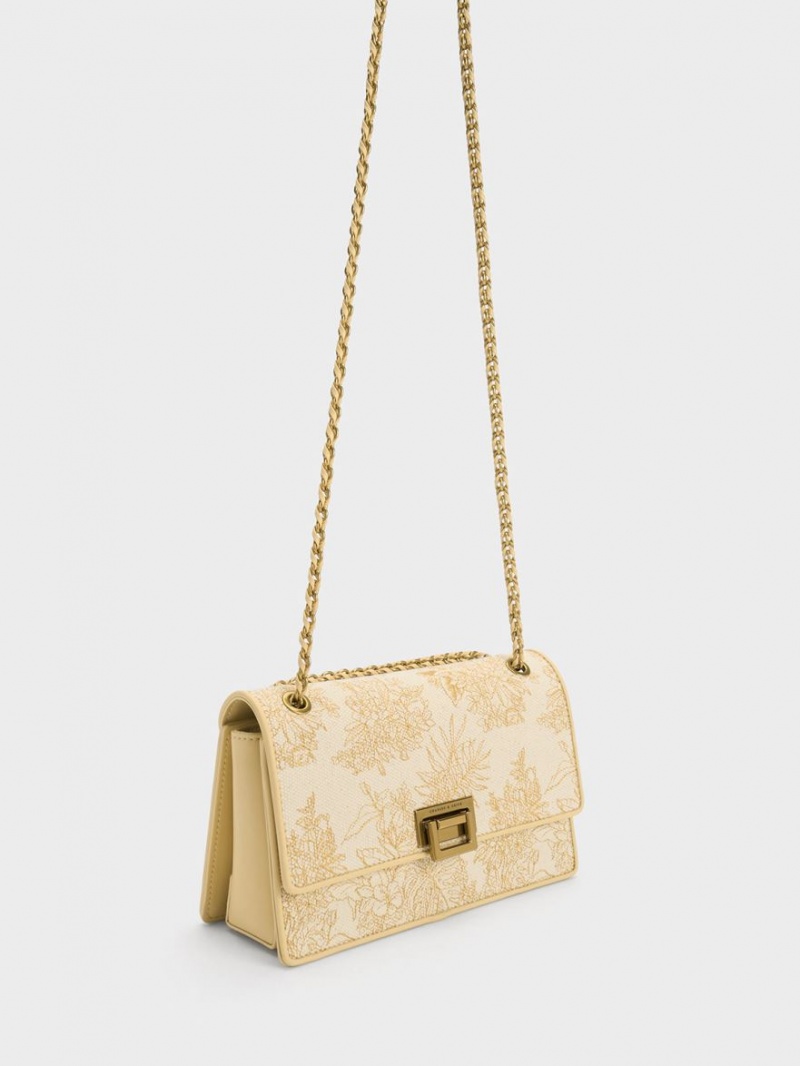 Charles And Keith Floral Illustrated Canvas Shoulder Bags Beige | PHILIPPINES E902