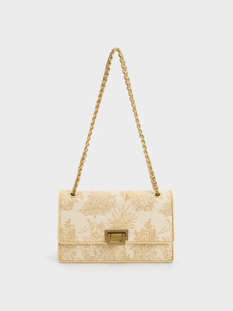 Charles And Keith Floral Illustrated Canvas Shoulder Bags Beige | PHILIPPINES E902