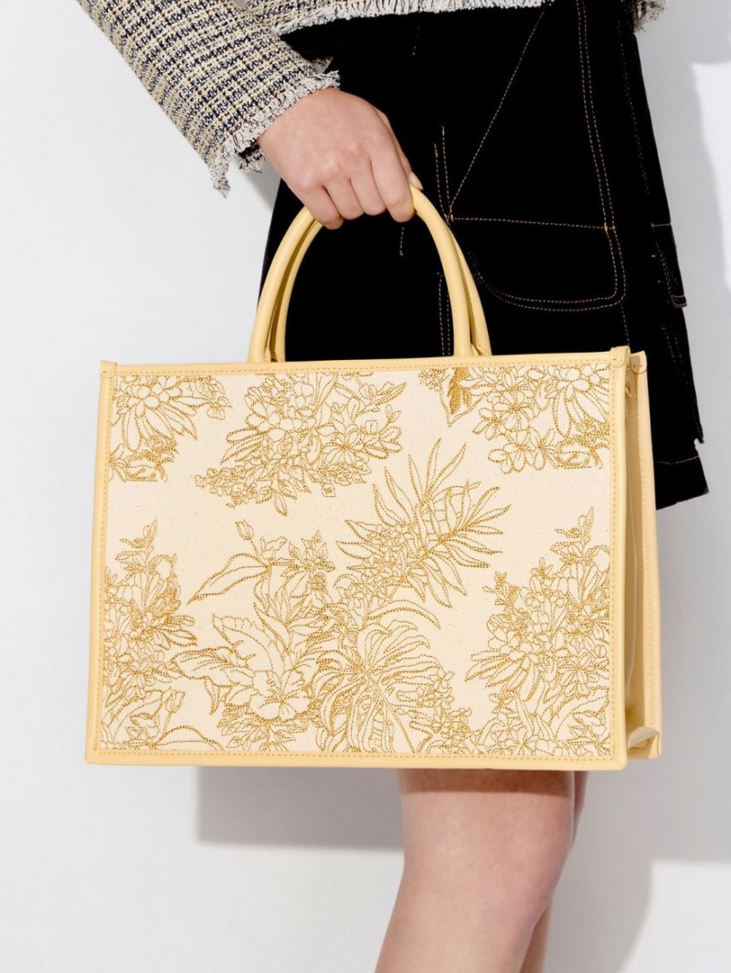 Charles And Keith Floral Illustrated Canvas Tote Bags Beige | PHILIPPINES F254