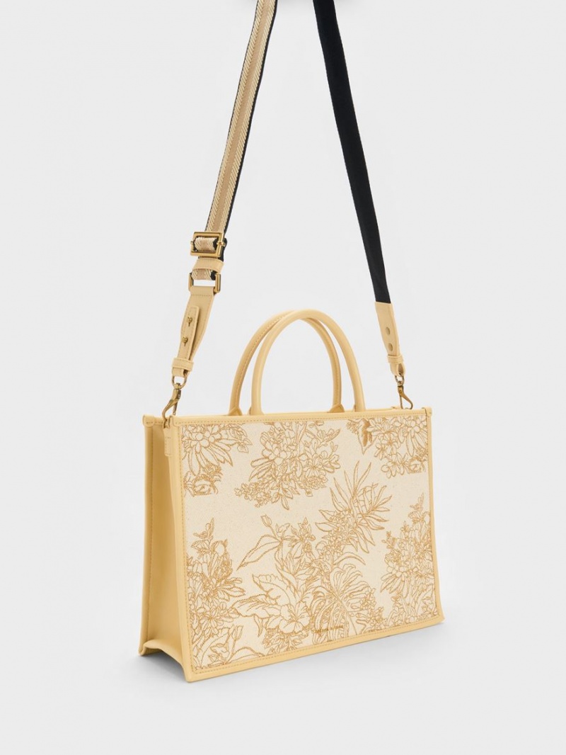 Charles And Keith Floral Illustrated Canvas Tote Bags Beige | PHILIPPINES F254