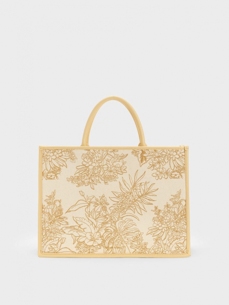 Charles And Keith Floral Illustrated Canvas Tote Bags Beige | PHILIPPINES F254