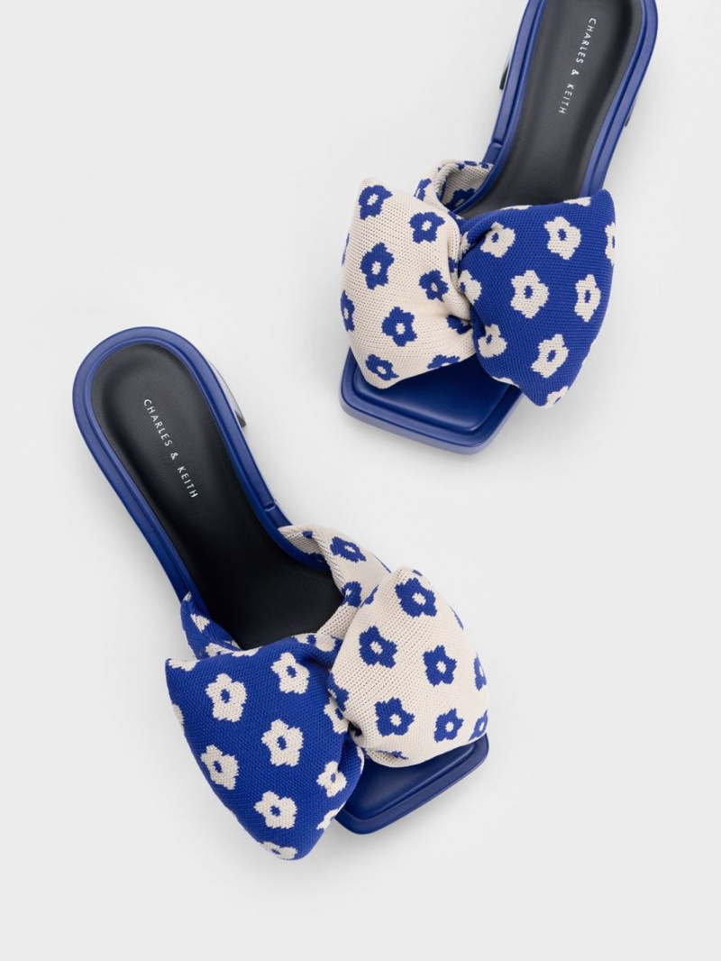 Charles And Keith Floral Puffy Bow Heeled Mules Blue | PHILIPPINES D576