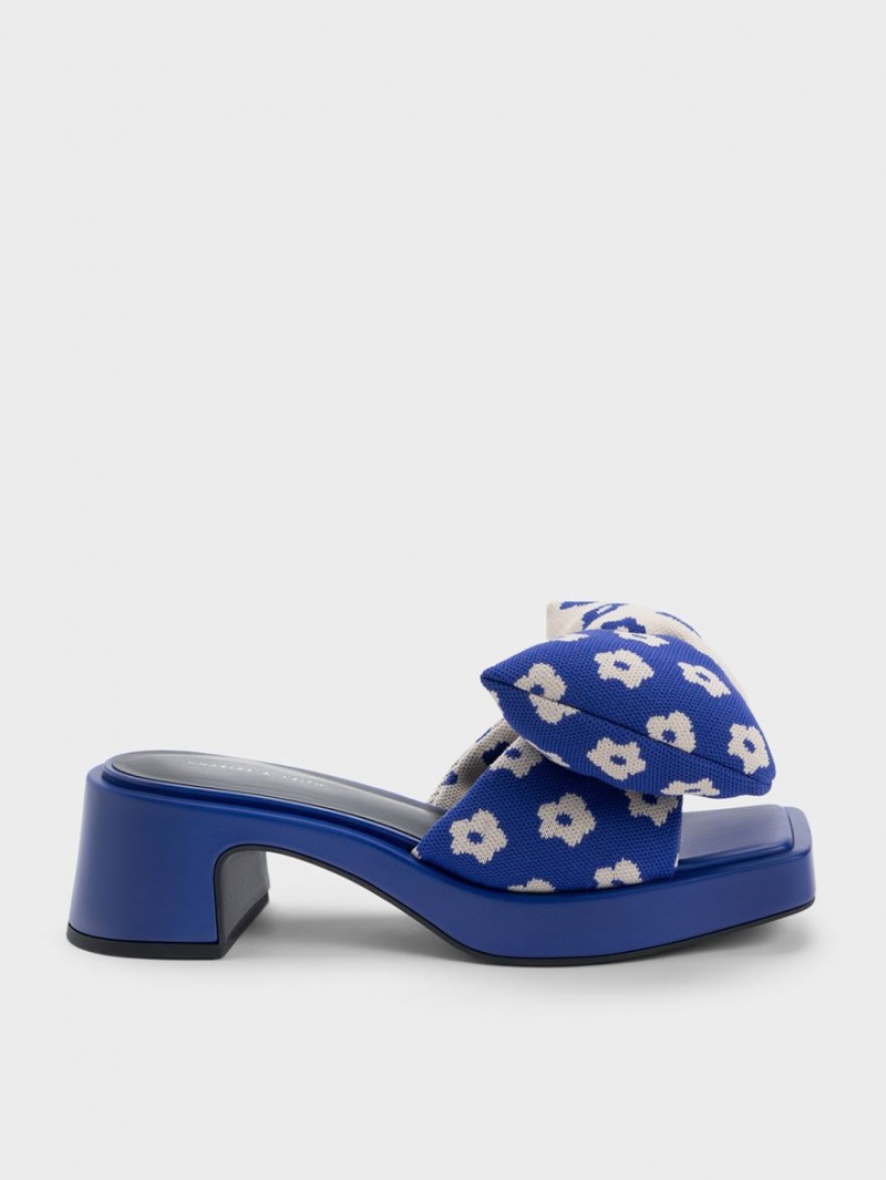 Charles And Keith Floral Puffy Bow Heeled Mules Blue | PHILIPPINES D576