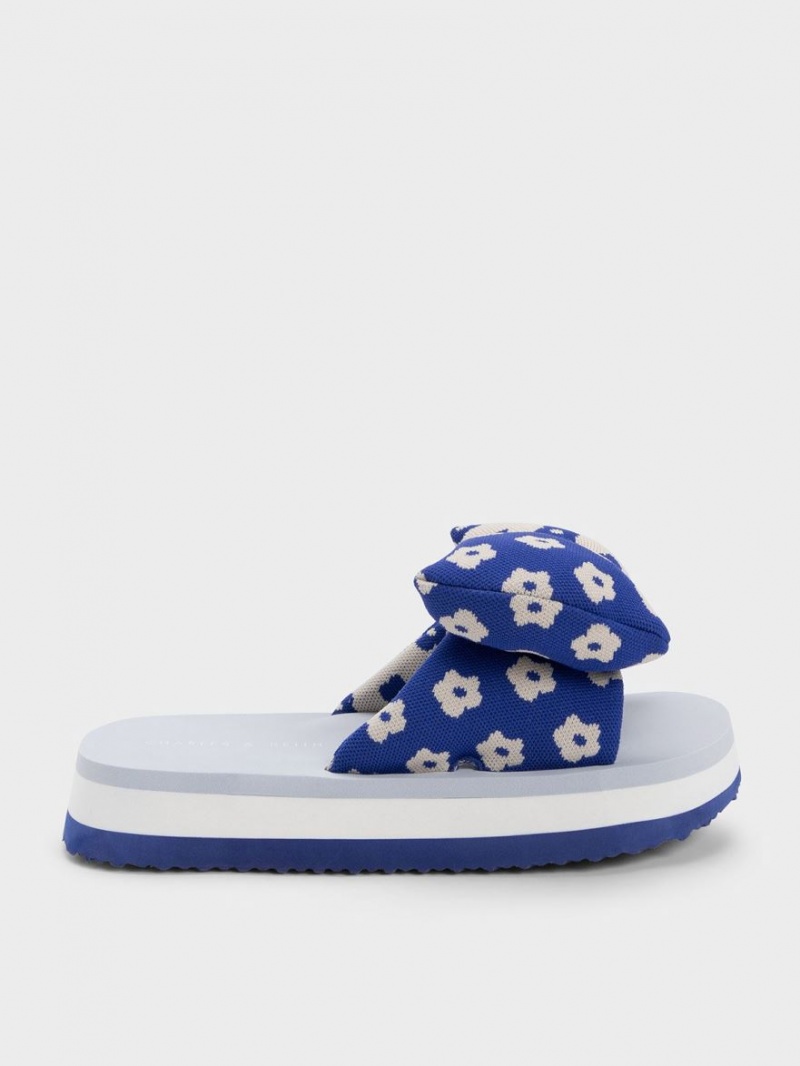 Charles And Keith Floral Puffy Bow Slides Blue | PHILIPPINES Z283