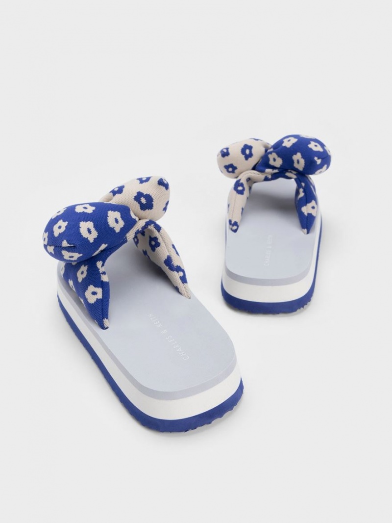 Charles And Keith Floral Puffy Bow Slides Blue | PHILIPPINES Z283