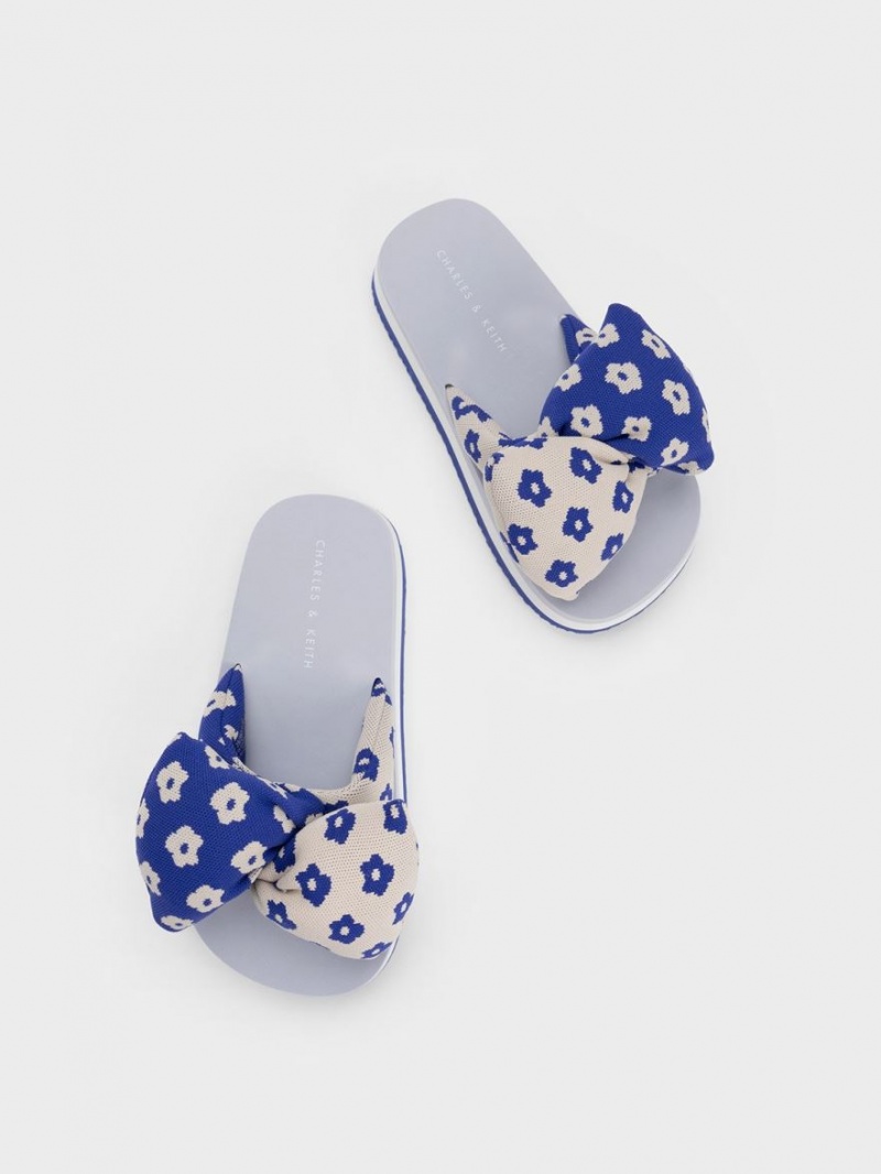 Charles And Keith Floral Puffy Bow Slides Blue | PHILIPPINES Z283