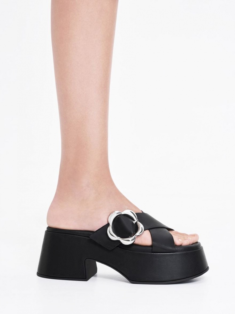 Charles And Keith Flower-Buckle Crossover Platform Mules Black | PHILIPPINES H780