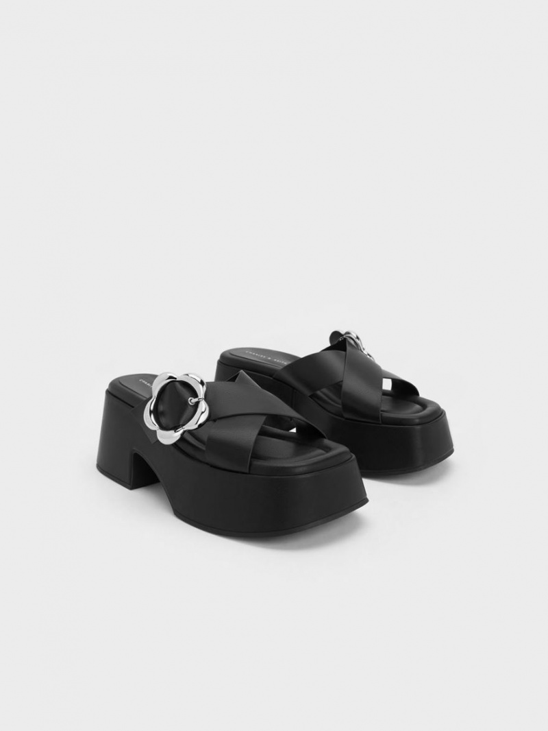 Charles And Keith Flower-Buckle Crossover Platform Mules Black | PHILIPPINES H780