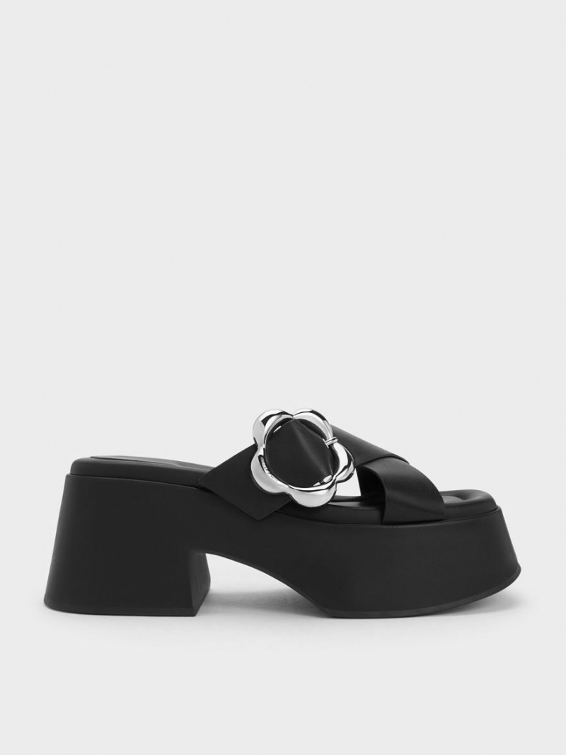 Charles And Keith Flower-Buckle Crossover Platform Mules Black | PHILIPPINES H780