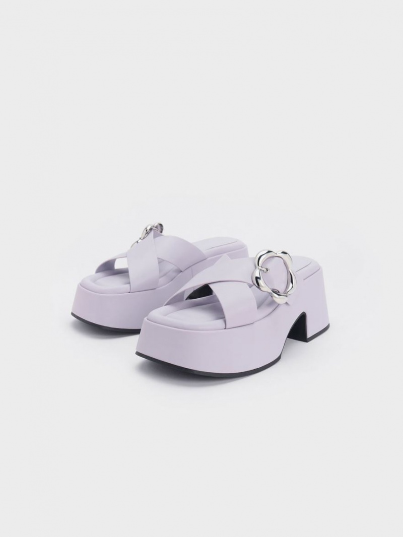 Charles And Keith Flower-Buckle Crossover Platform Mules Purple | PHILIPPINES C173