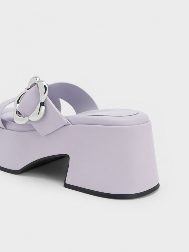 Charles And Keith Flower-Buckle Crossover Platform Mules Purple | PHILIPPINES C173