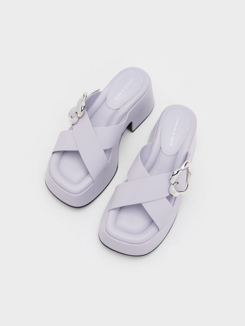 Charles And Keith Flower-Buckle Crossover Platform Mules Purple | PHILIPPINES C173