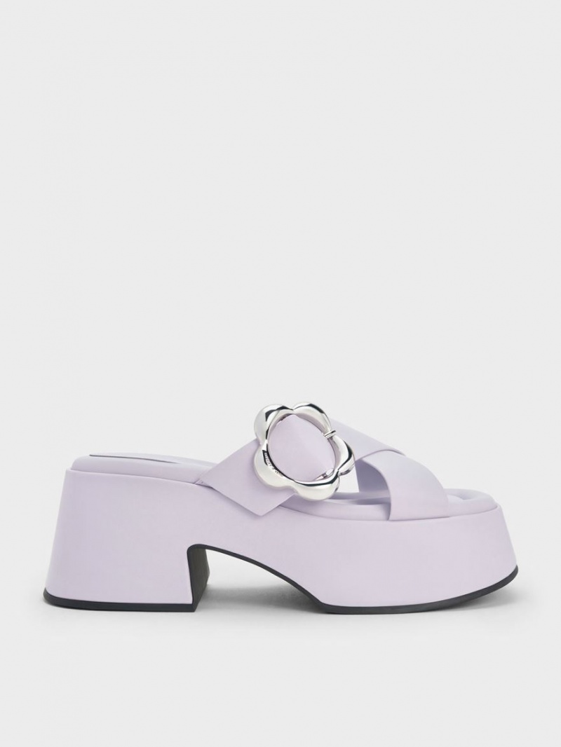 Charles And Keith Flower-Buckle Crossover Platform Mules Purple | PHILIPPINES C173