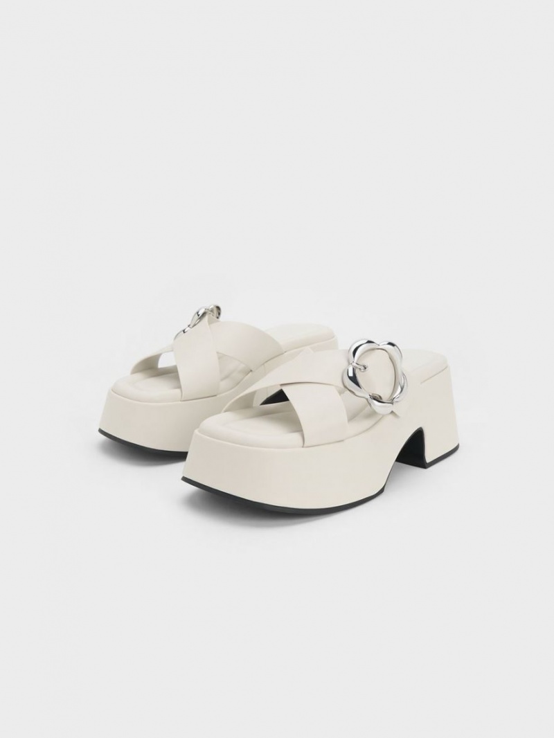 Charles And Keith Flower-Buckle Crossover Platform Mules White | PHILIPPINES K281