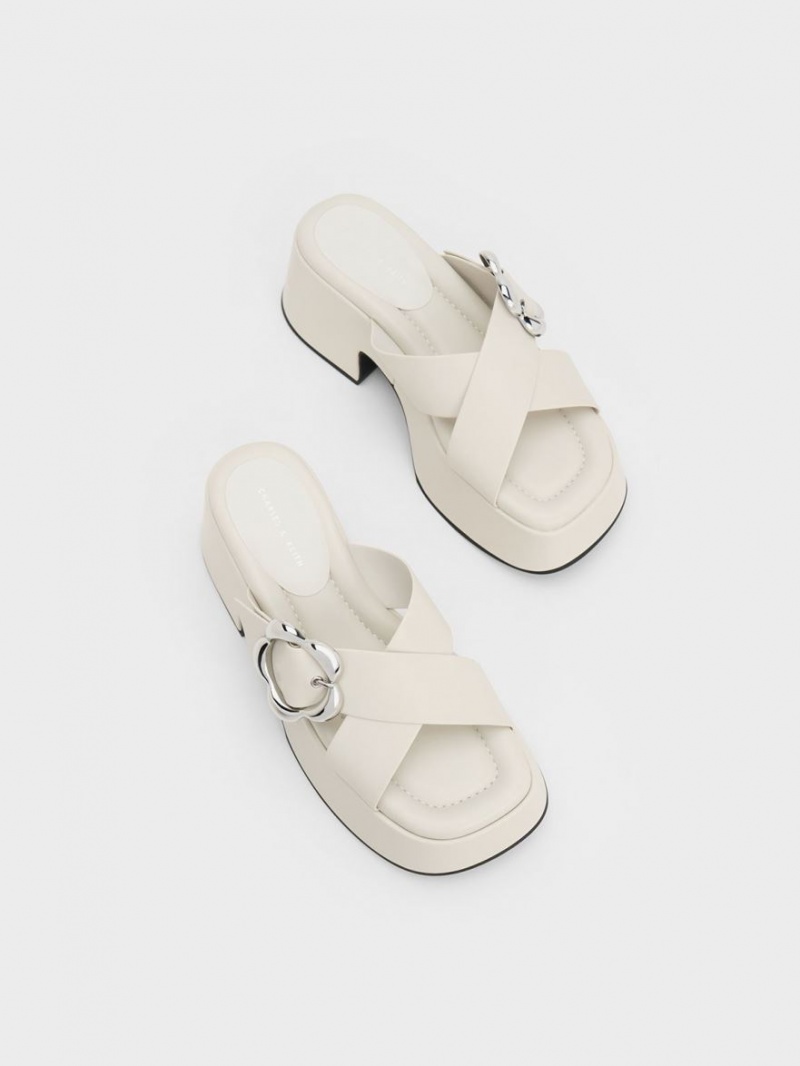 Charles And Keith Flower-Buckle Crossover Platform Mules White | PHILIPPINES K281