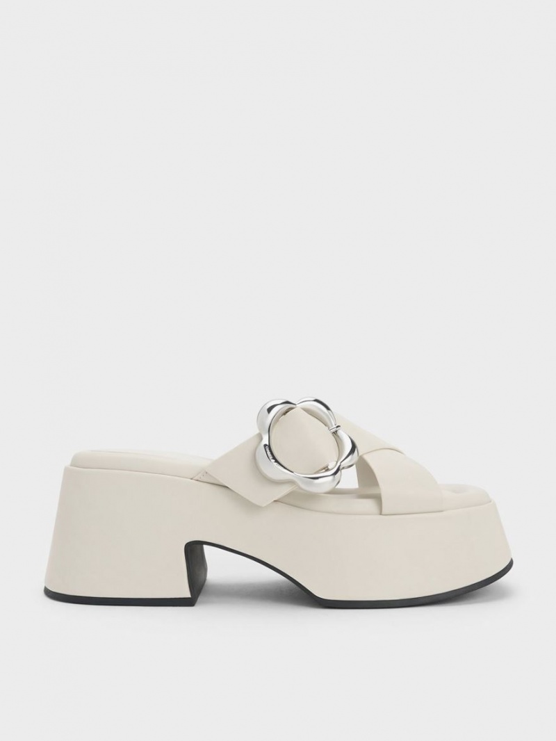 Charles And Keith Flower-Buckle Crossover Platform Mules White | PHILIPPINES K281