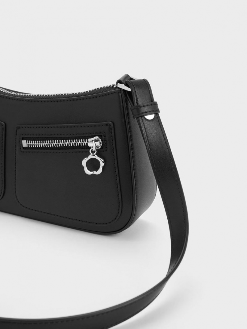 Charles And Keith Flower-Embellished Shoulder Bags Black | PHILIPPINES P571