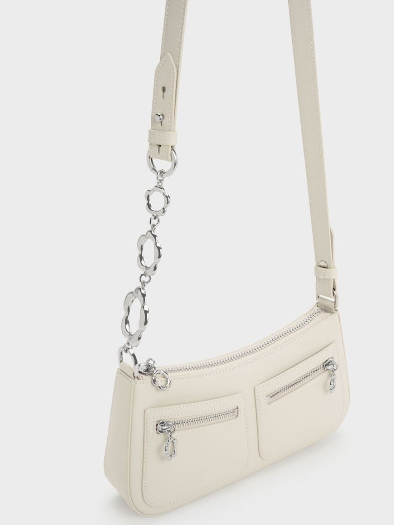 Charles And Keith Flower-Embellished Shoulder Bags White | PHILIPPINES M576