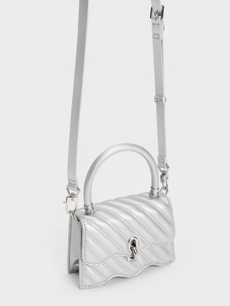 Charles And Keith Freja Wavy Quilted Top Handbag Silver | PHILIPPINES S758