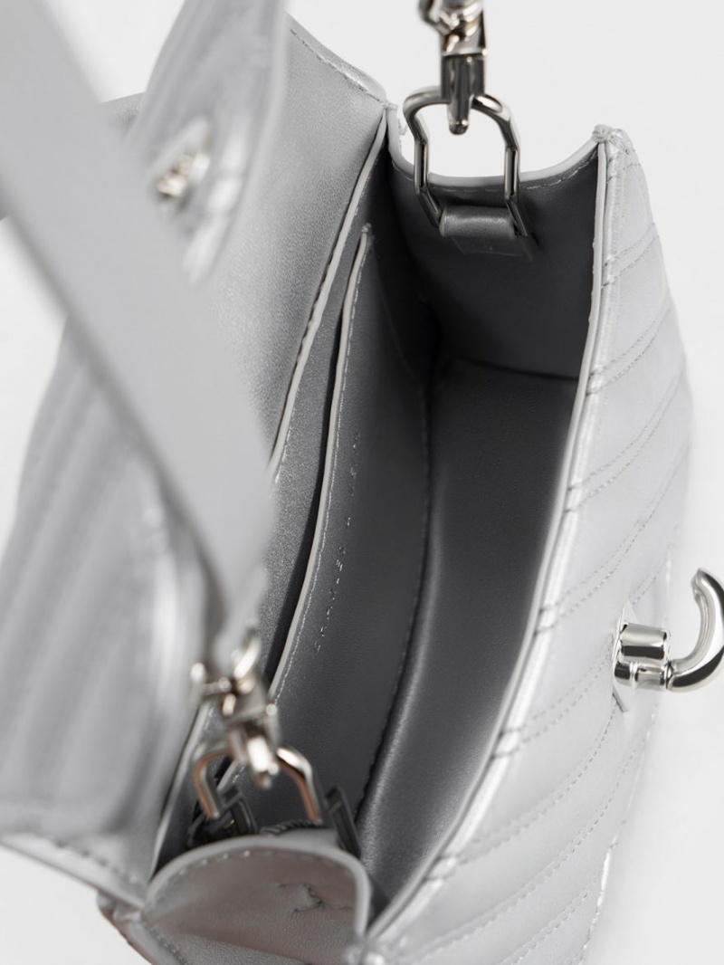 Charles And Keith Freja Wavy Quilted Top Handbag Silver | PHILIPPINES S758