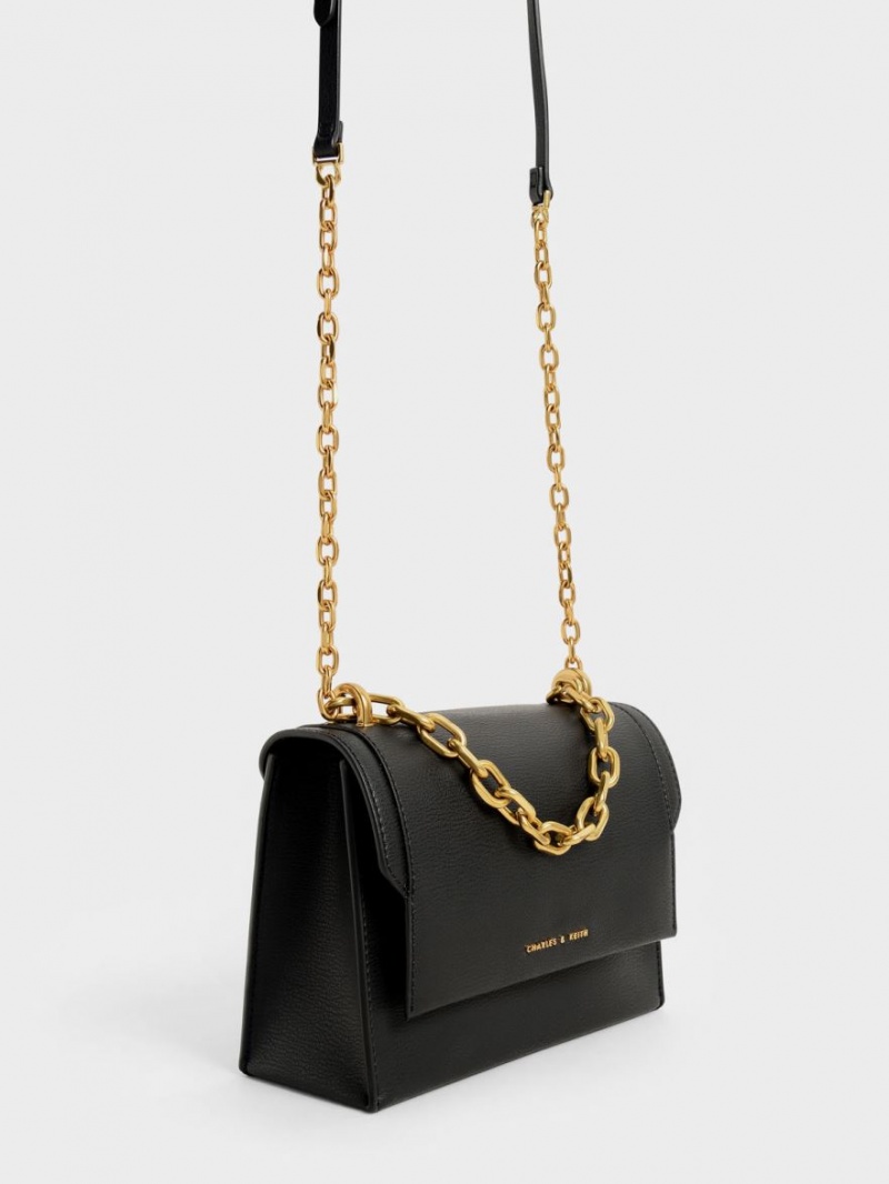 Charles And Keith Front Flap Chain Handle Crossbody Bags Black | PHILIPPINES T105