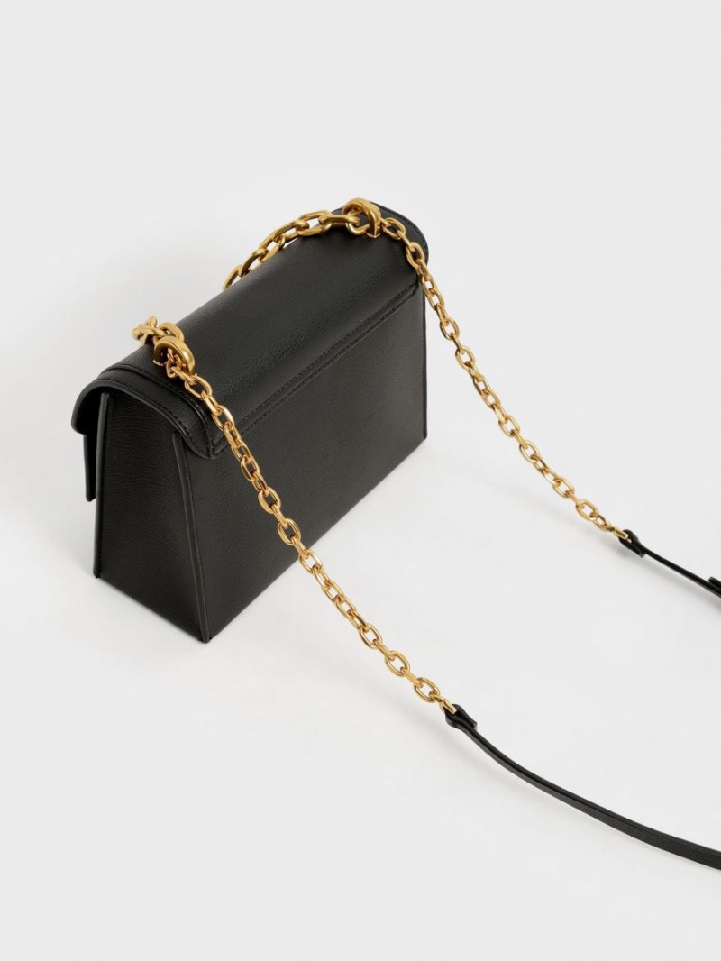 Charles And Keith Front Flap Chain Handle Crossbody Bags Black | PHILIPPINES T105