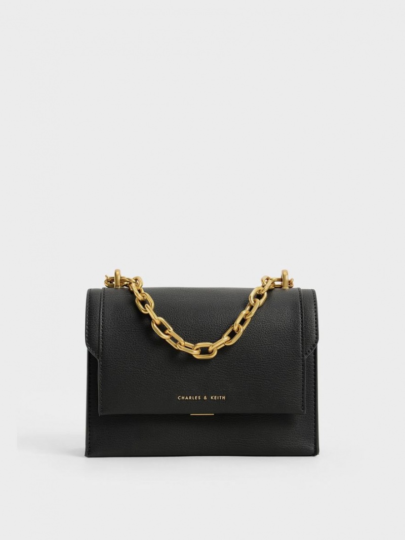 Charles And Keith Front Flap Chain Handle Crossbody Bags Black | PHILIPPINES T105