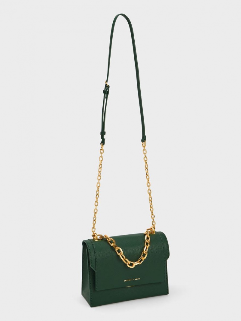 Charles And Keith Front Flap Chain Handle Crossbody Bags Dark Green | PHILIPPINES G675