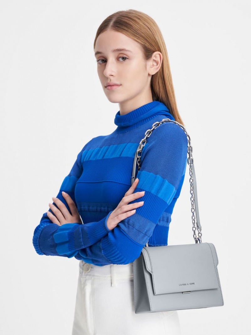 Charles And Keith Front Flap Chain Handle Crossbody Bags Light Blue | PHILIPPINES M896