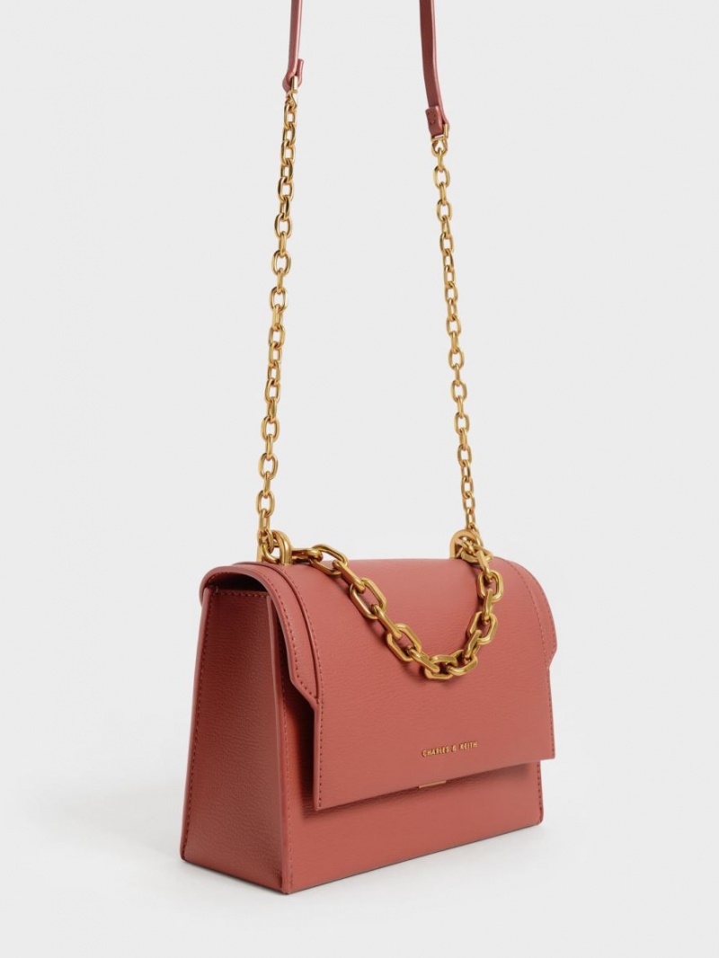 Charles And Keith Front Flap Chain Handle Crossbody Bags Dark Red | PHILIPPINES E517