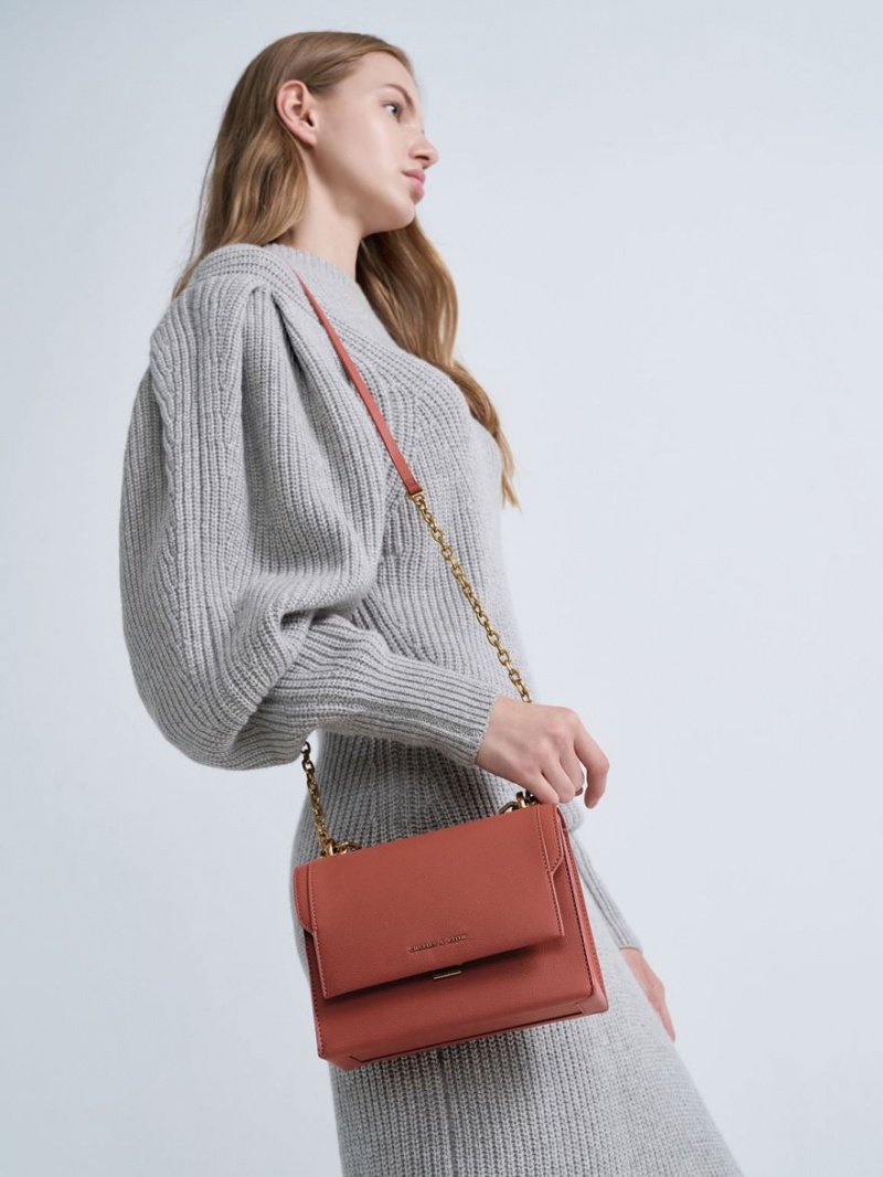 Charles And Keith Front Flap Chain Handle Crossbody Bags Dark Red | PHILIPPINES E517