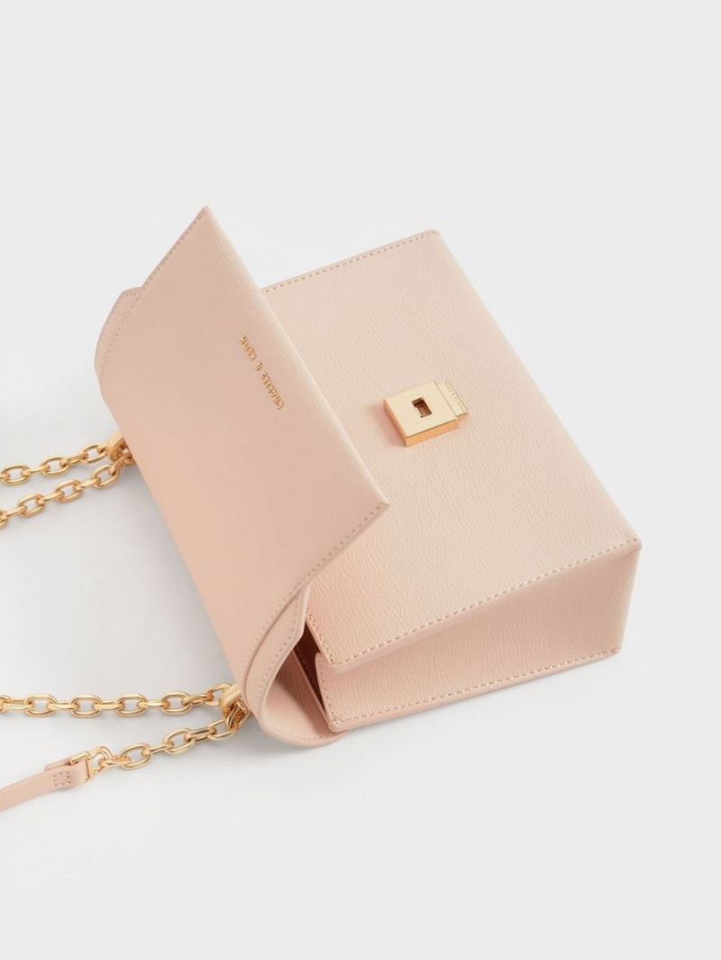 Charles And Keith Front Flap Chain Handle Crossbody Bags Light Pink | PHILIPPINES J035