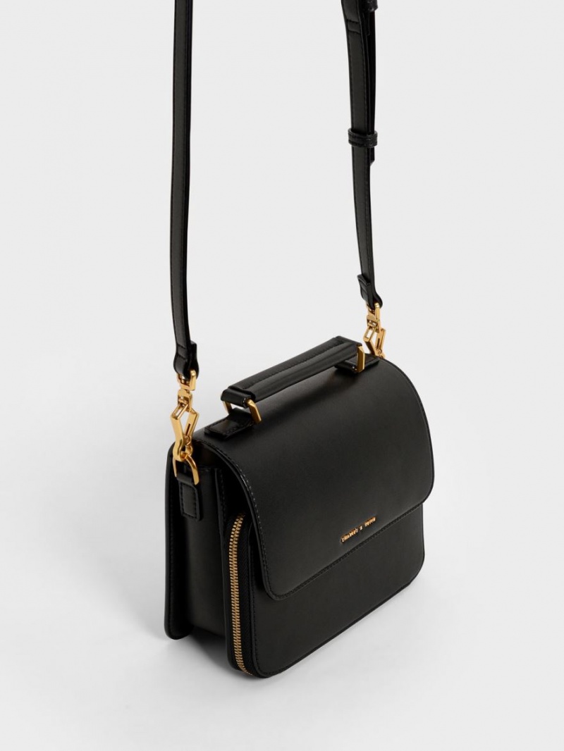 Charles And Keith Front Flap Top Handle Crossbody Bags Black | PHILIPPINES M076