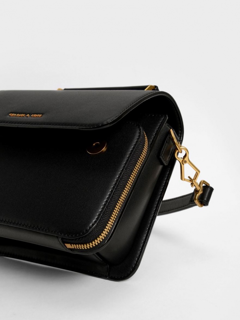 Charles And Keith Front Flap Top Handle Crossbody Bags Black | PHILIPPINES M076