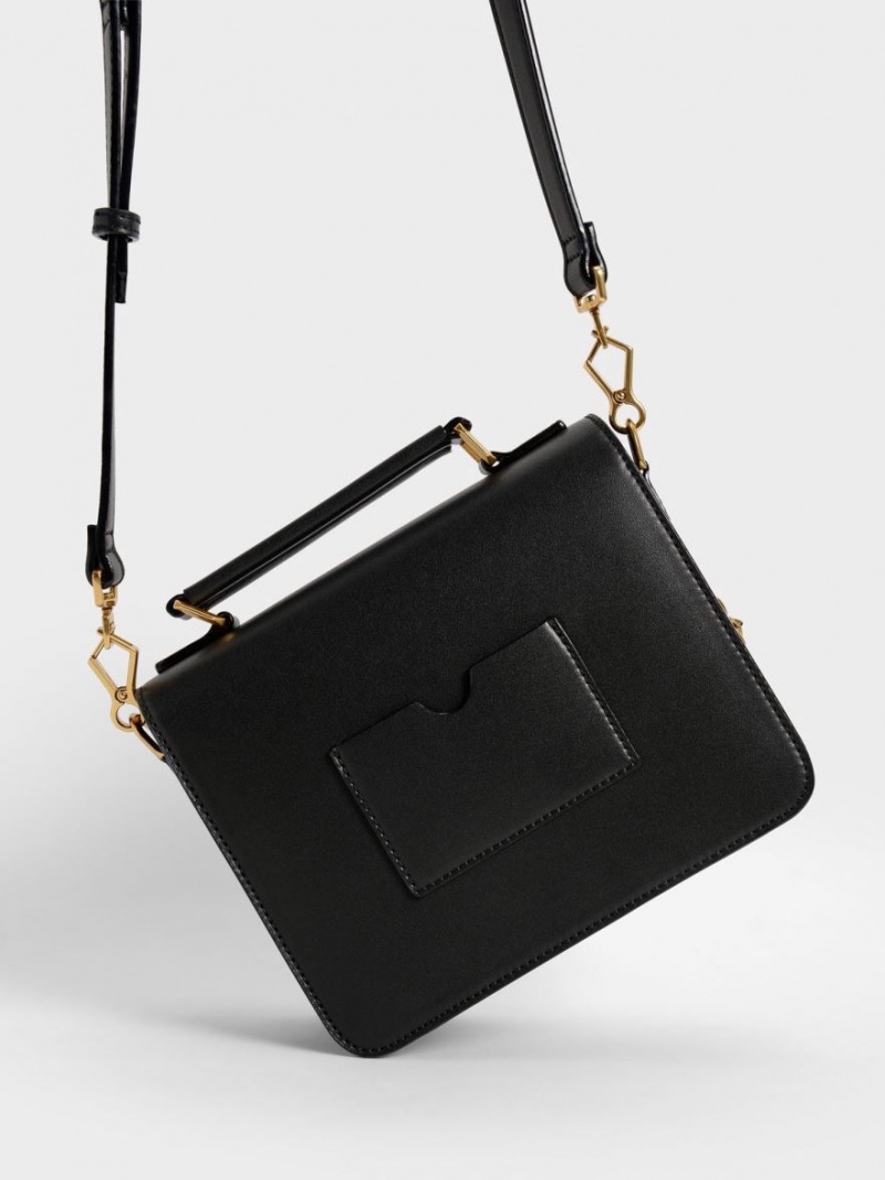 Charles And Keith Front Flap Top Handle Crossbody Bags Black | PHILIPPINES M076