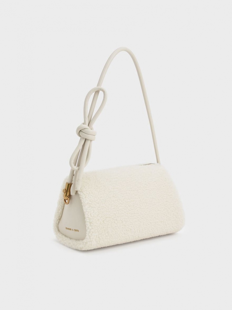 Charles And Keith Furry Knotted Handle Shoulder Bags White | PHILIPPINES X837