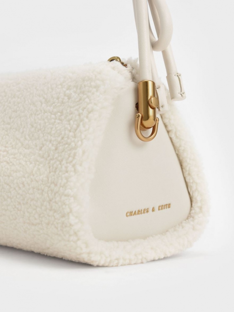 Charles And Keith Furry Knotted Handle Shoulder Bags White | PHILIPPINES X837