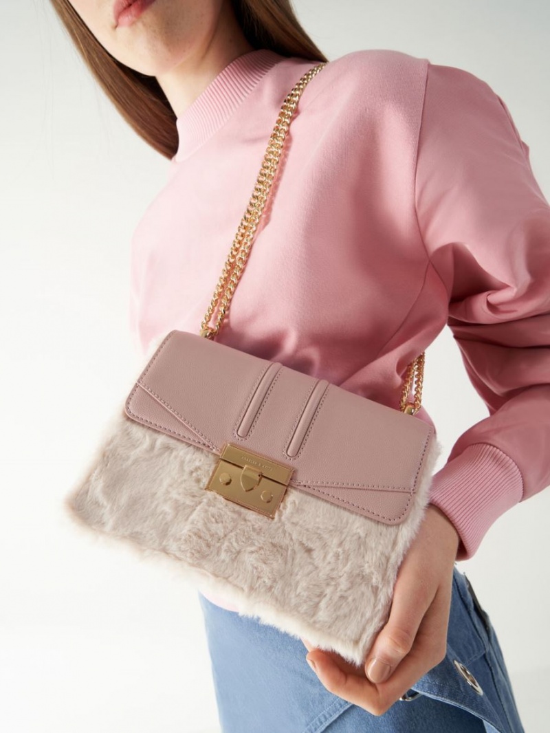 Charles And Keith Furry Push-Lock Shoulder Bags Pink | PHILIPPINES B901