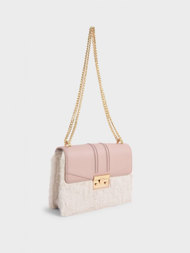 Charles And Keith Furry Push-Lock Shoulder Bags Pink | PHILIPPINES B901