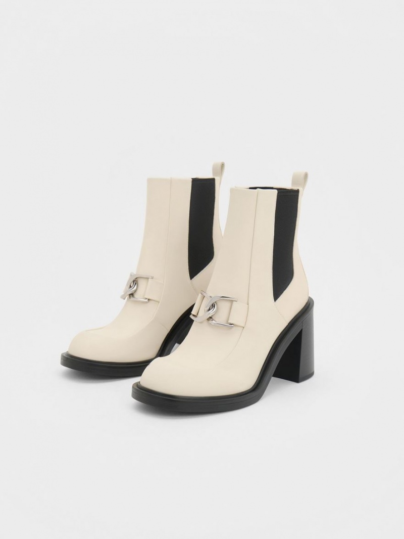 Charles And Keith Gabine Block Heel Ankle Boots Cream | PHILIPPINES C793