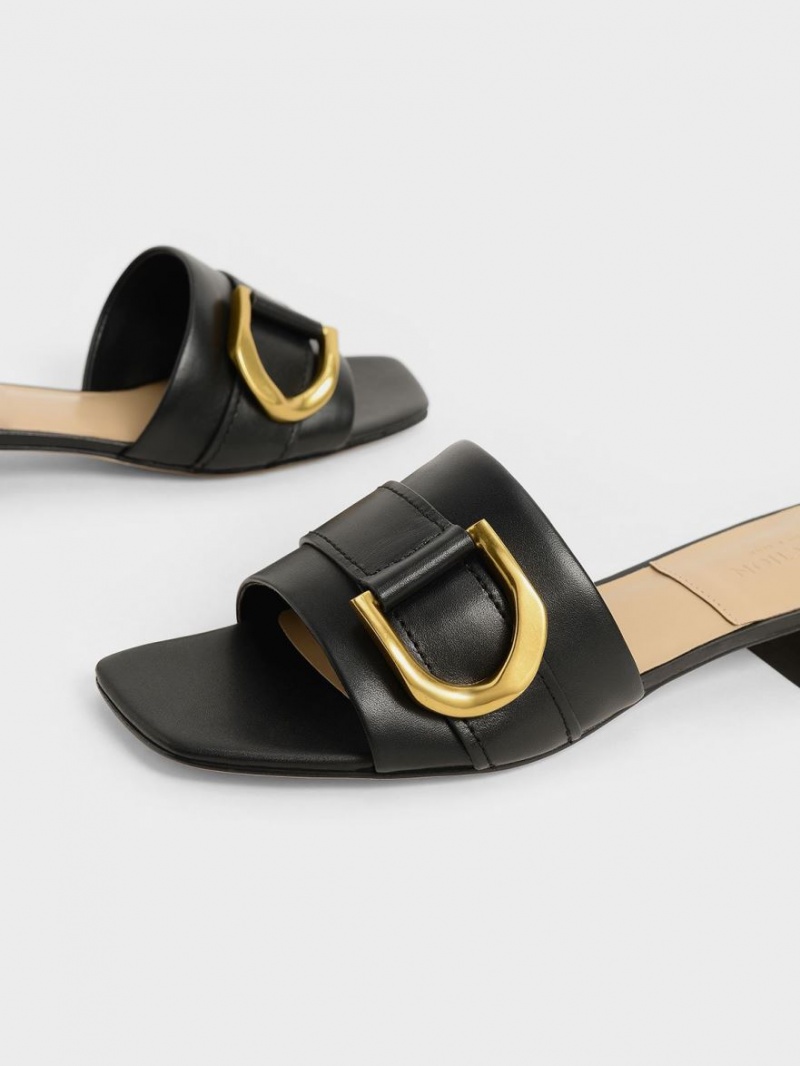 Charles And Keith Gabine Buckled Leather​ Mules Black | PHILIPPINES J159