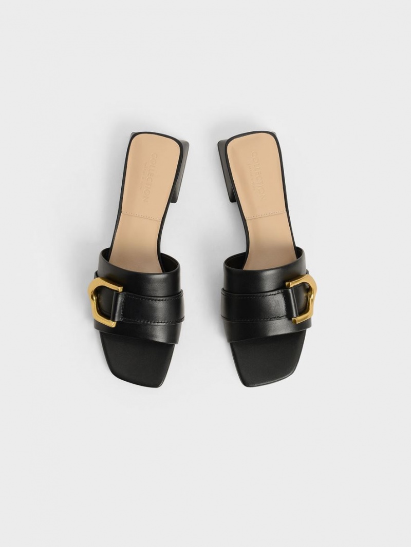 Charles And Keith Gabine Buckled Leather​ Mules Black | PHILIPPINES J159