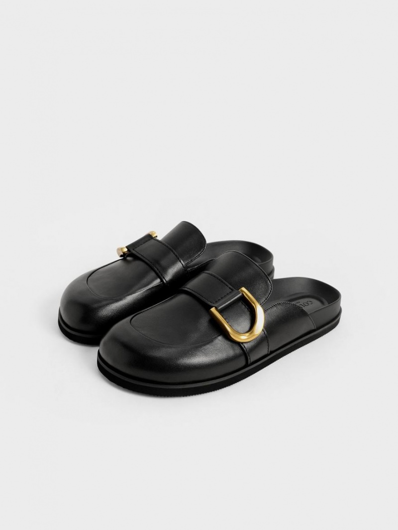 Charles And Keith Gabine Buckled Leather Loafer​ Mules Black | PHILIPPINES G617