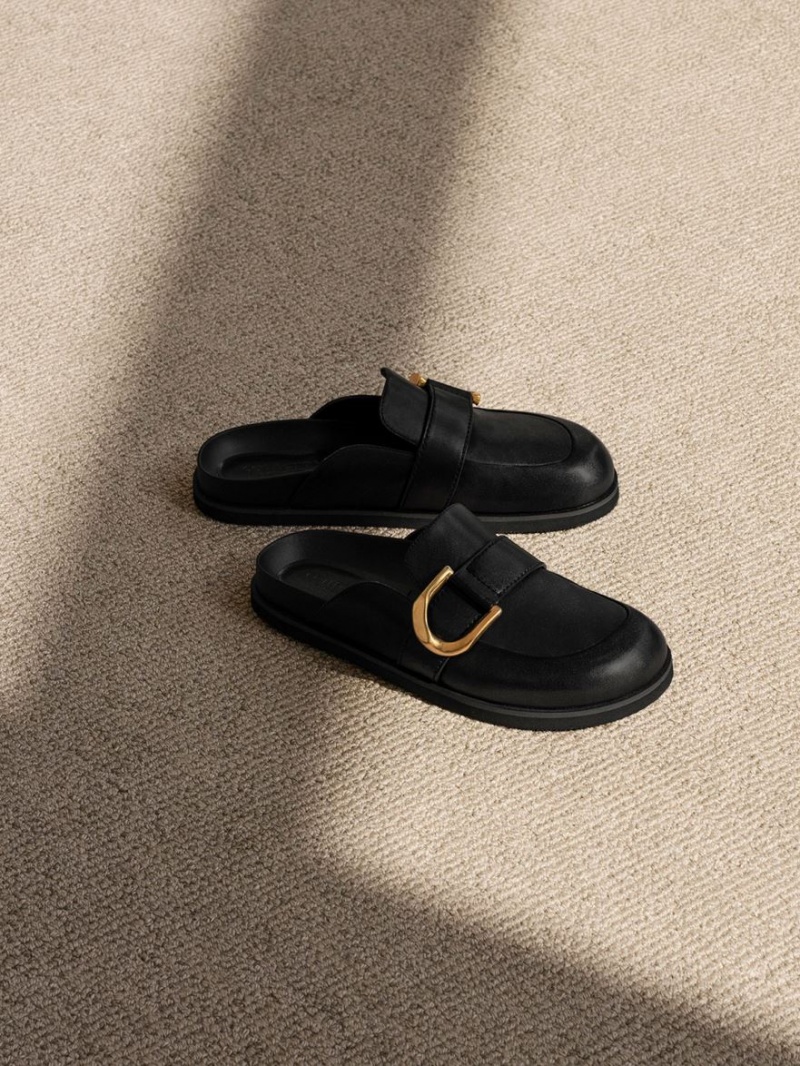 Charles And Keith Gabine Buckled Leather Loafer​ Mules Black | PHILIPPINES G617