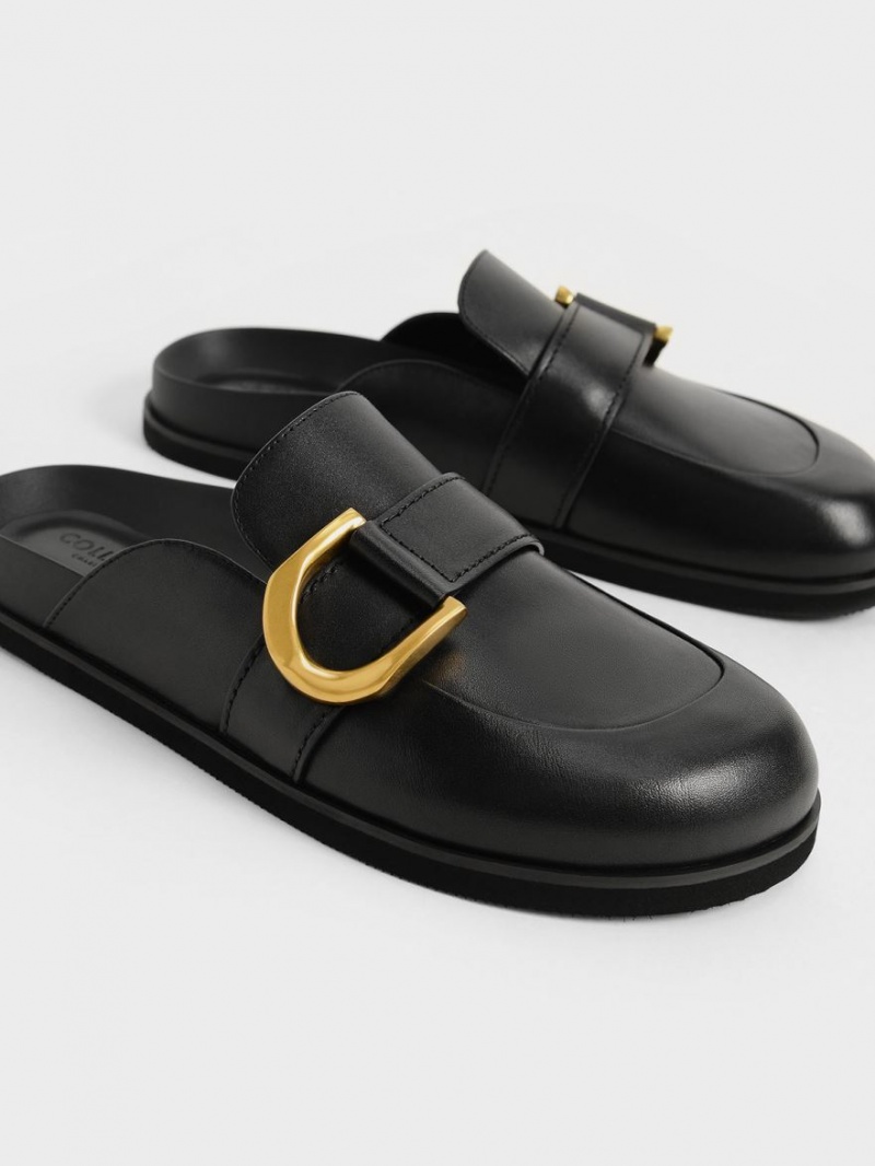 Charles And Keith Gabine Buckled Leather Loafer​ Mules Black | PHILIPPINES G617