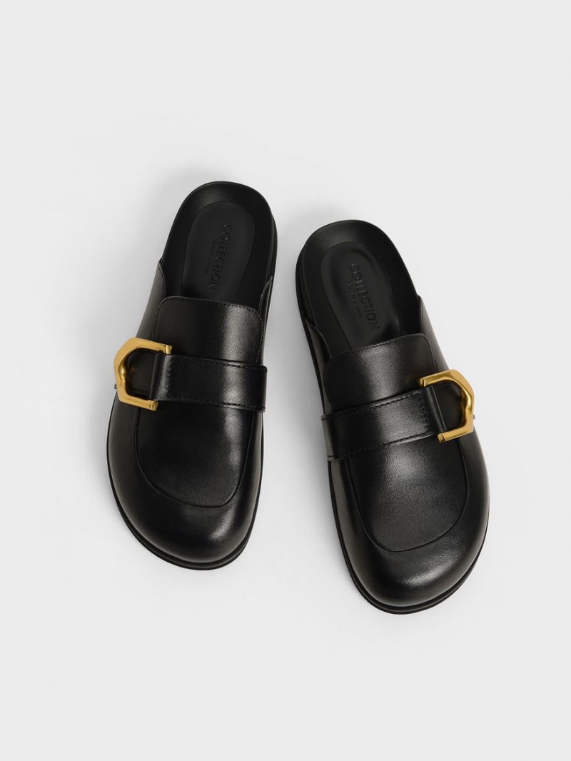 Charles And Keith Gabine Buckled Leather Loafer​ Mules Black | PHILIPPINES G617