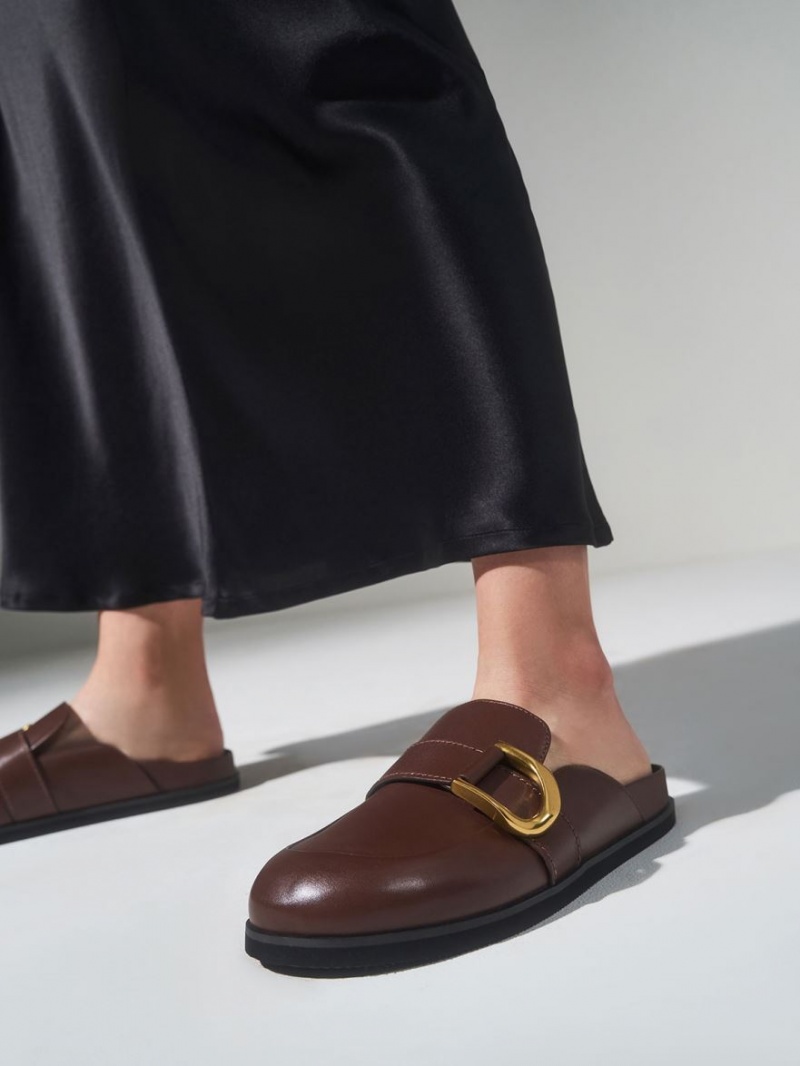 Charles And Keith Gabine Buckled Leather Loafer​ Mules Brown | PHILIPPINES F810